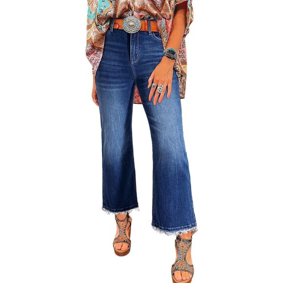 Denim - Womens High Waisted Flared Jeans Stretch Raw Hem Retro Wide Leg Pants